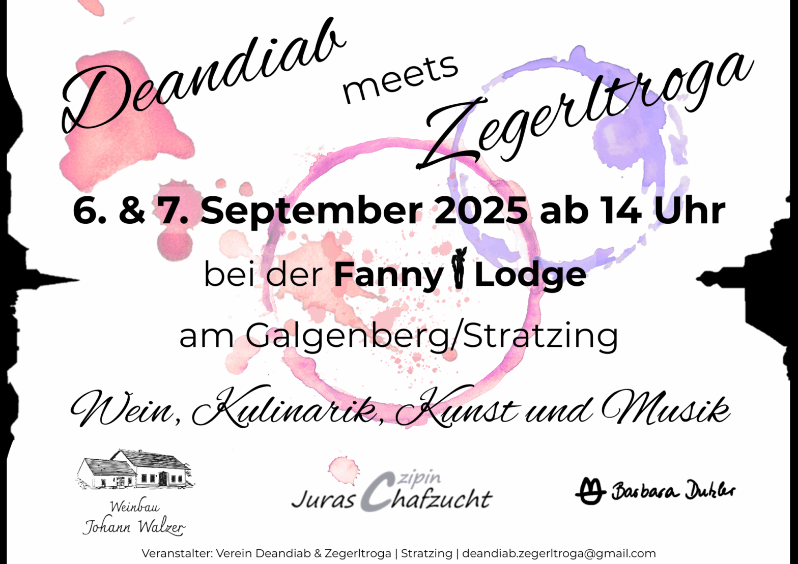 Deandiab meets ZEgerltroga am 6. und 7.9. ab 14Uhr bei der Fanny Lodge am Galgenberg in Stratzing. Es gibt Wein, Kulinarik, Kunst und Musik.