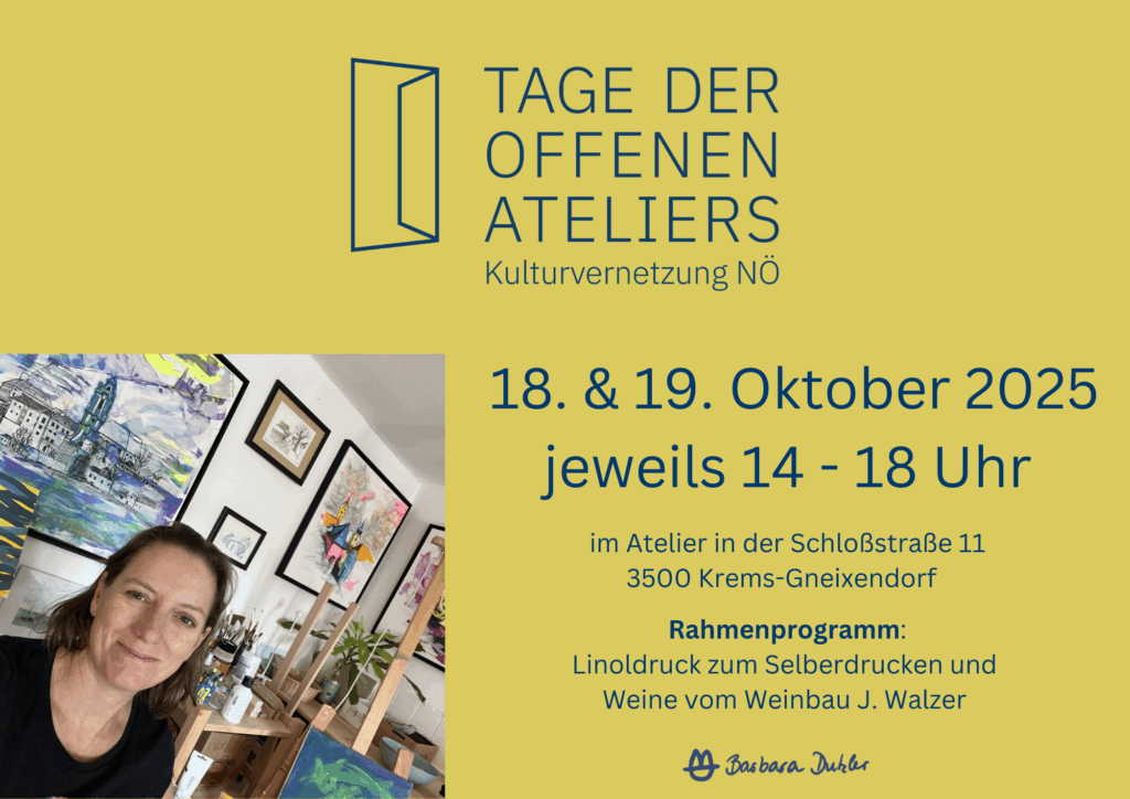18. u.19.10.2025 14-18Uhr 
Tag der offenen Tür in der Schlossstr.11, 3500 Gneixendorf

Linoldruck zum selberdrucken
Weinverkostung