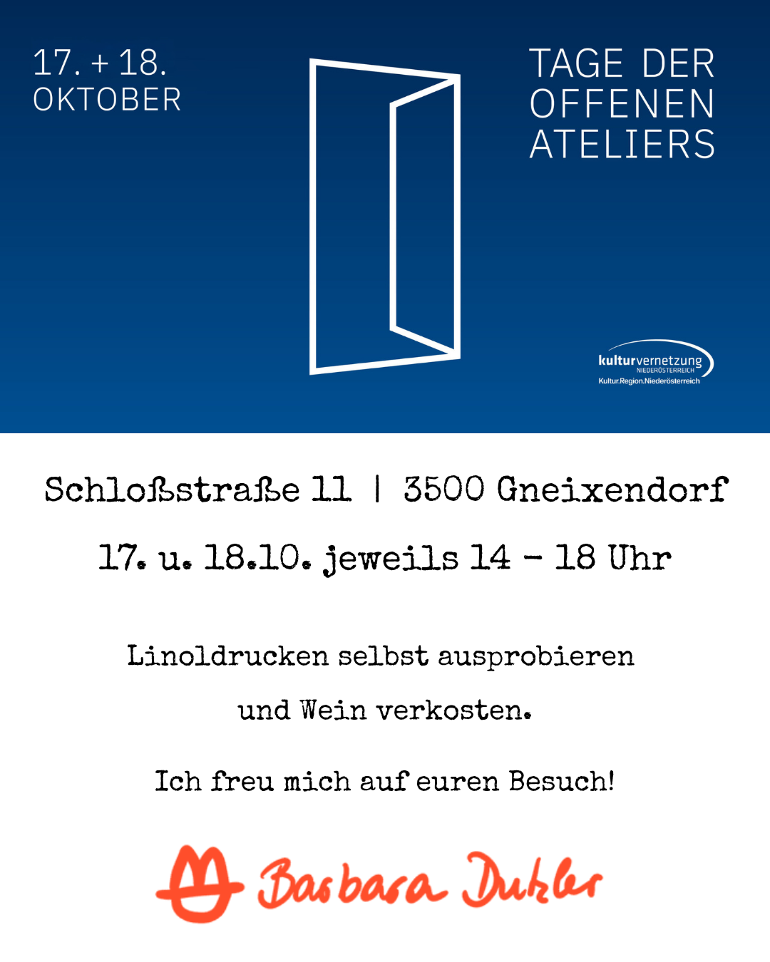 Schloßstraße 11 | 3500 Gneixendorf 17. u. 18.10. jeweils 14 - 18 Uhr Linoldrucken selbst ausprobieren und Wein verkosten. Ich freu mich auf euren Besuch!